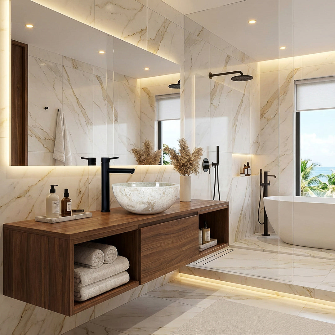 Ronde aanrechtwastafel gemaakt van lichte steen op zwevende houten onderkast met zwarte kraan in moderne spabadkamer