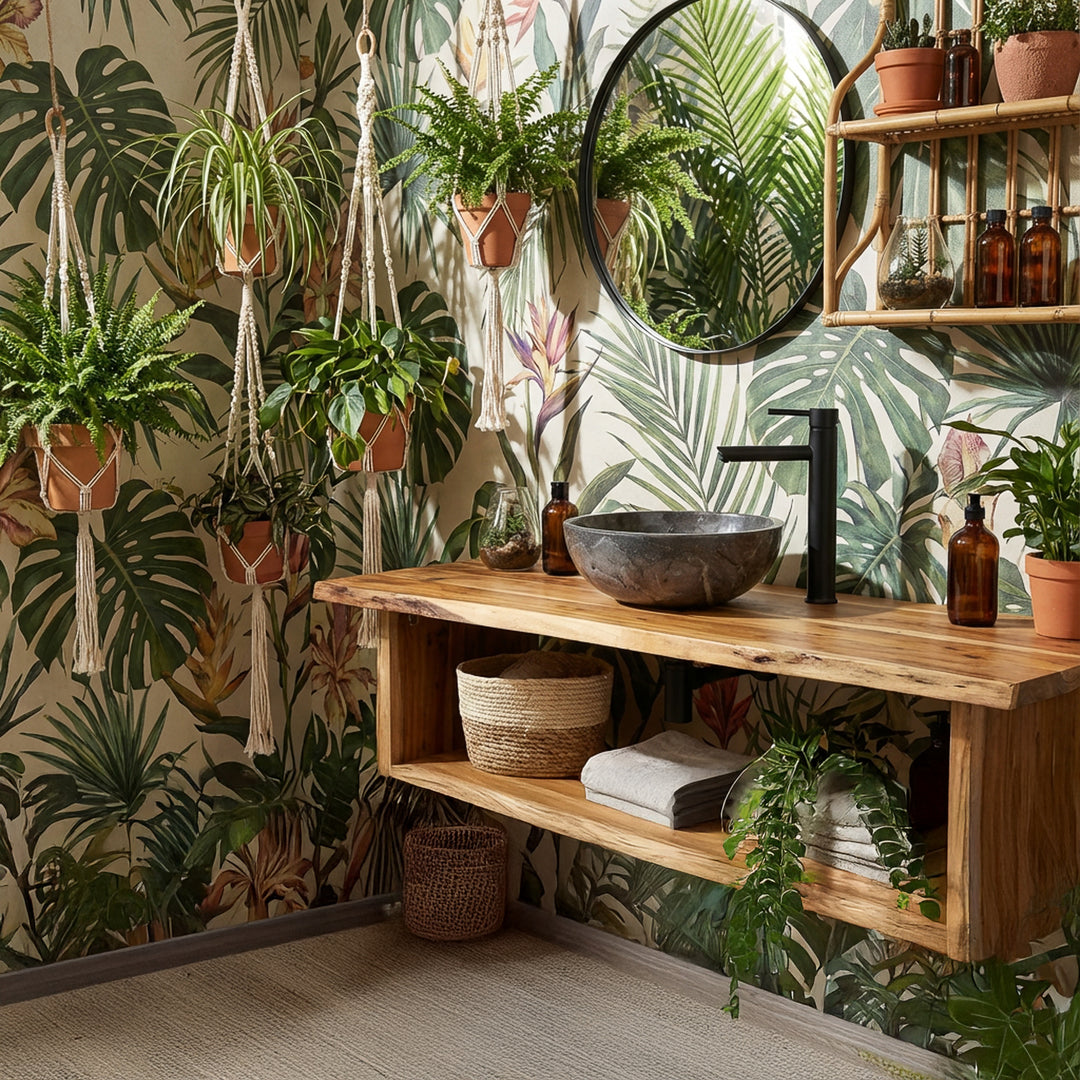 Ronde opzetwastafel van natuursteen op houten onderkast in een groene boho badkamer met planten, behang en zwart beslag