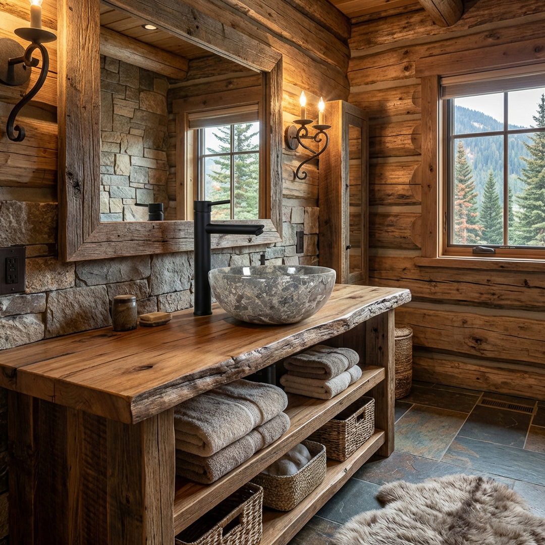 Ronde natuurstenen opzetwastafel met grijsbruine nerf op massief houten wastafel in de rustieke chaletbadkamer, gecombineerd met zwart beslag, natuurstenen muur en warm licht