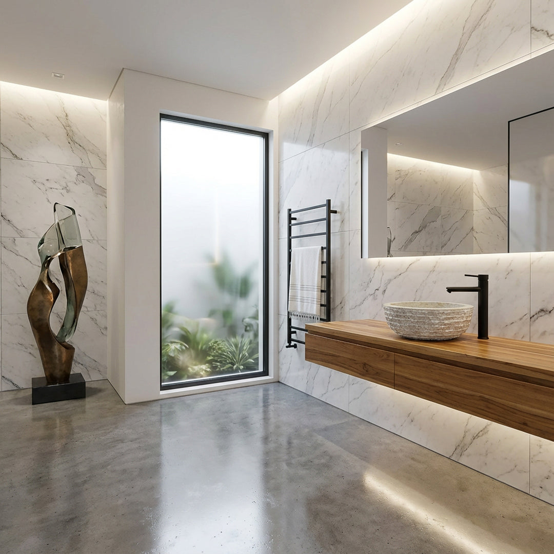 Moderne stenen wastafel als opzetwastafel op een zwevende houten wastafel in een lichte badkamer met natuurstenen tegels