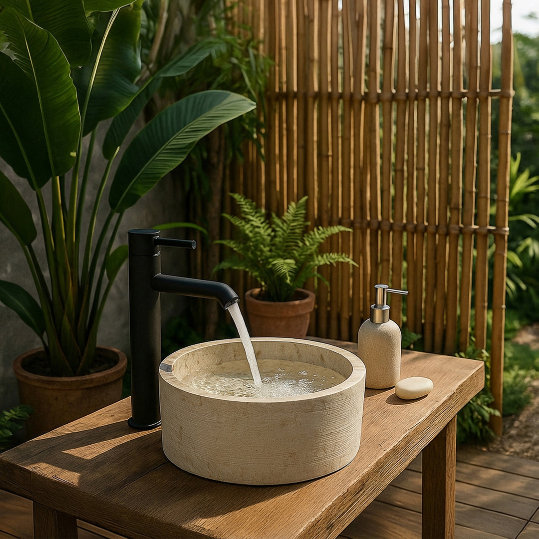 Rond marmerWastafel op een rustieke houten tafel, gecombineerd met een zwart armatuur in een warme natuurlijke badkamersfeer.