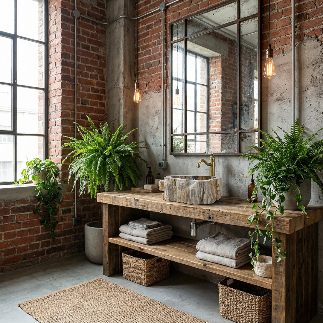 Stenen wasbak als aanrechtwastafel op een rustieke houten console, industriële badkamer met bakstenen muur, planten en warm licht.
