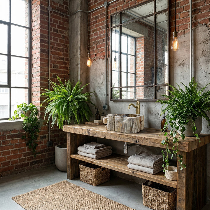 Stenen wasbak als aanrechtwastafel op een rustieke houten console, industriële badkamer met bakstenen muur, planten en warm licht.