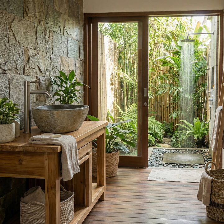 Stenen wastafel in de open spa-badkamer op een houten wastafelmeubel, met een natuurstenen muur, planten en uitzicht op de tuin