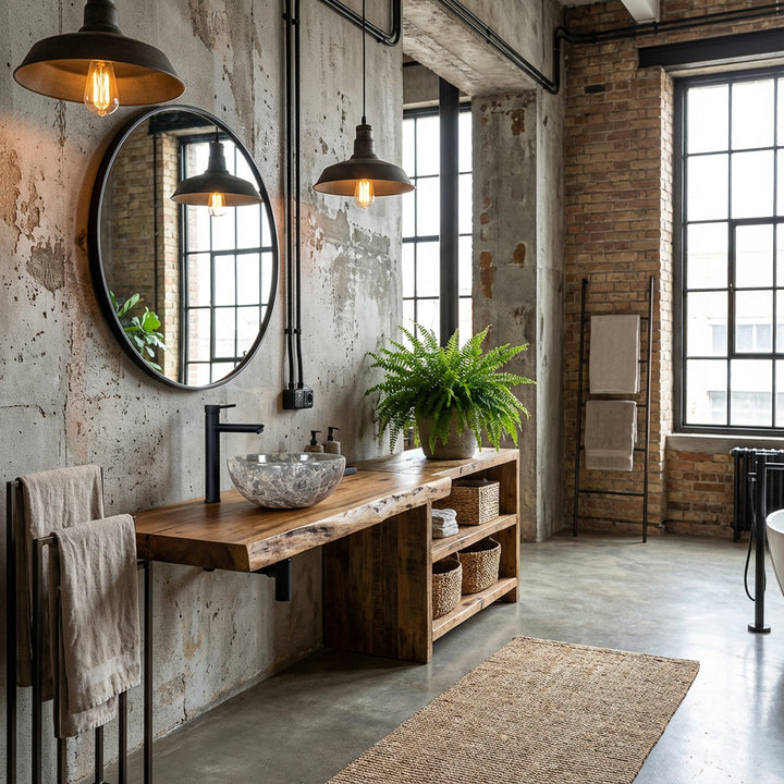 Ronde marmeren wastafel met grijze korrel op houten wastafelmeubel in industriële loftbadkamer, gecombineerd met zwarte kraan, bakstenen muren, hangende lampen en veel natuurlijk licht
